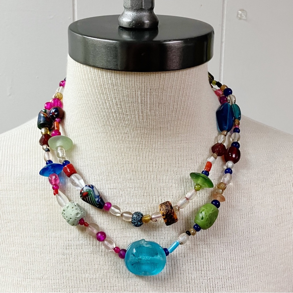 Vintage Y2k Boho Art Glass Beaded Mix 19” Necklace Strand Rainbow Confetti